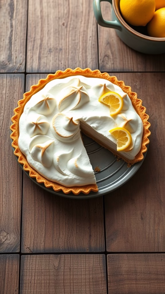 A lemon meringue pie with almond crust, garnished with lemon slices, on a wooden table.