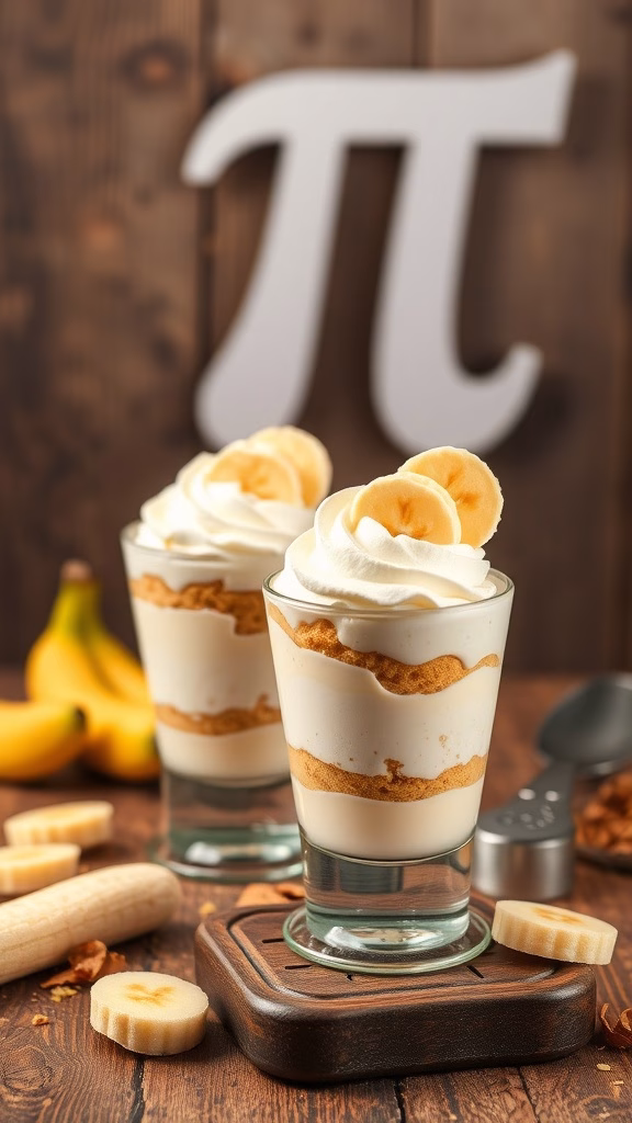 Two banana cream pie parfaits in glasses with layers of banana, pudding, and whipped cream.