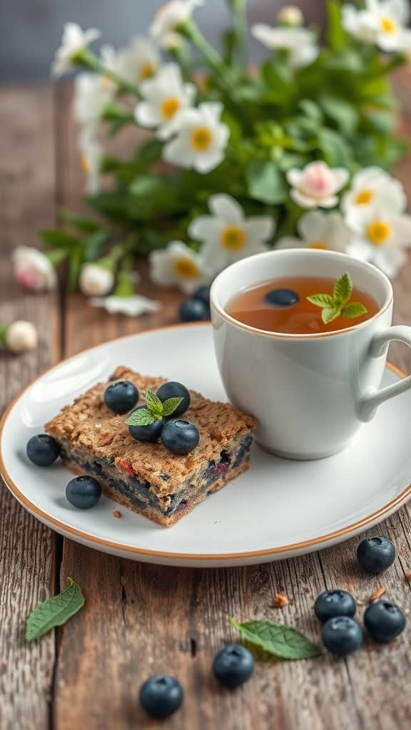 Blueberry oat bars served with a cup of tea and fresh blueberries on a plate.