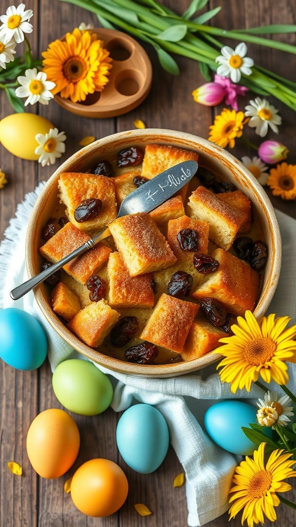 A delicious serving of bread pudding with cinnamon and raisins, garnished with flowers and Easter eggs.