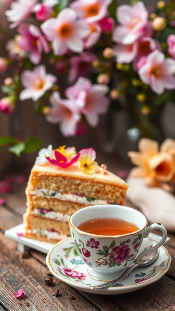 A slice of cardamom orange blossom cake next to a cup of rooibos tea, with pink flowers in the background.