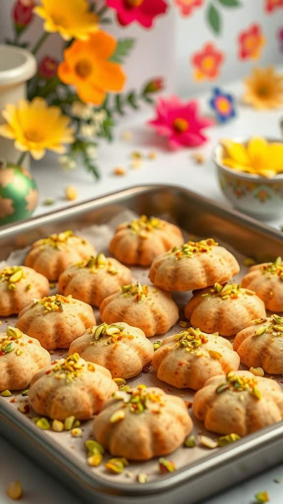 A tray of cardamom pistachio cookies (Nan-E Nokhodchi) decorated with chopped pistachios, a traditional Persian treat for Naw-Ruz celebrations.