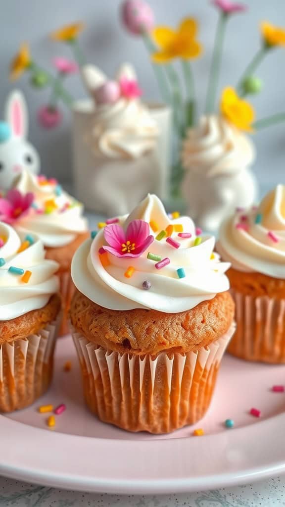 Delicious carrot cake cupcakes topped with coconut cream frosting and colorful sprinkles.