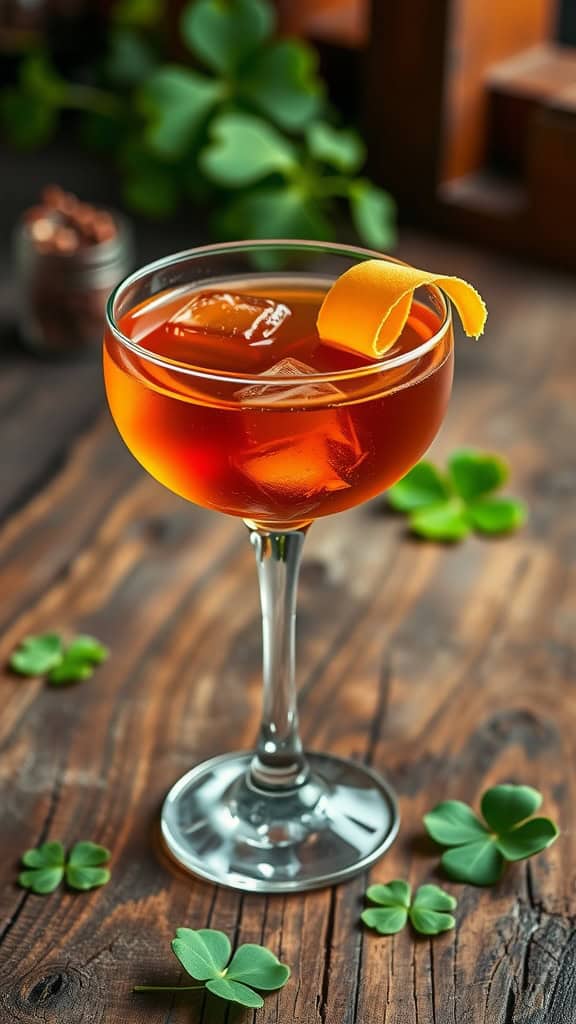 A Celtic Manhattan cocktail garnished with an orange twist and surrounded by clovers on a wooden surface.