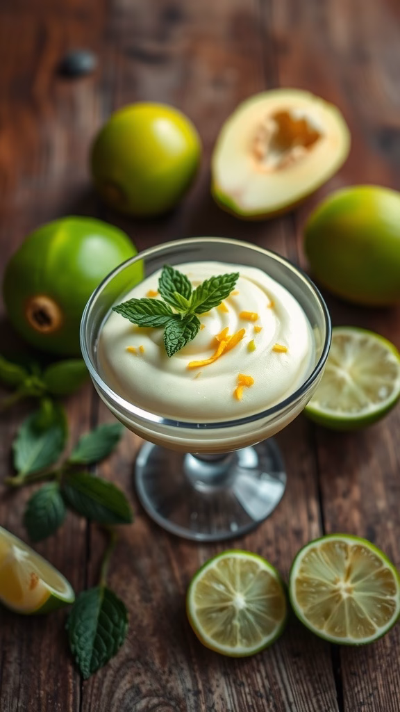 A refreshing dessert featuring cherimoya mousse topped with lime zest and mint leaves