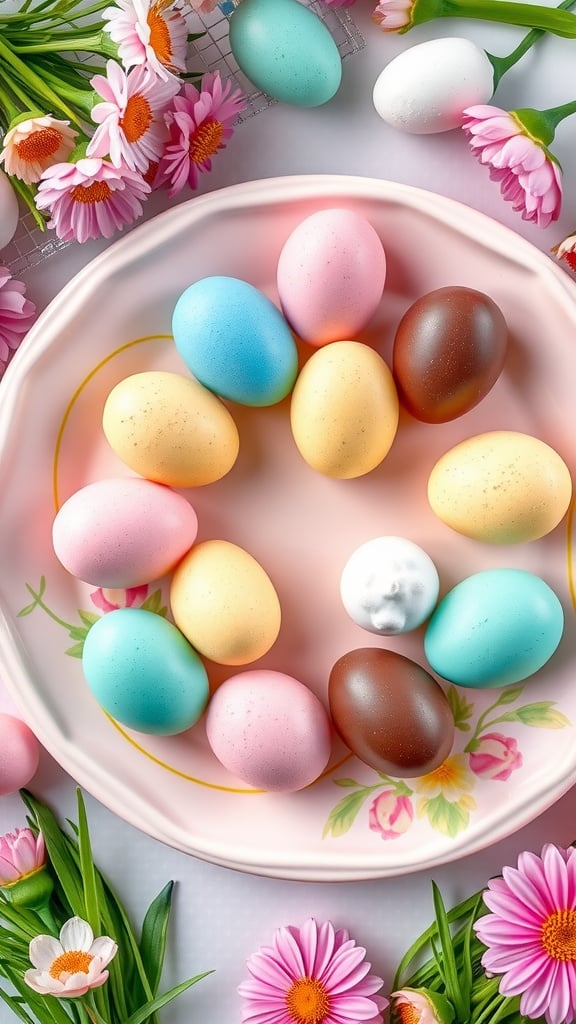 Chocolate-dipped marshmallow eggs decorated with colorful sprinkles.