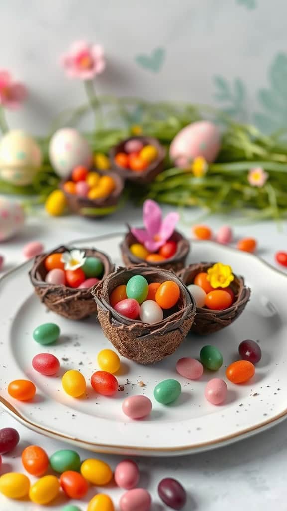 Chocolate Coconut Nest Cups filled with colorful candies