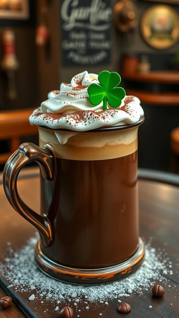 A delicious Chocolate Hazelnut Gaelic Brew topped with whipped cream and garnished with cocoa powder.