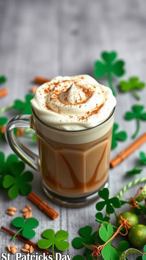 A delicious Cinnamon Maple Irish Latte topped with whipped cream and cinnamon