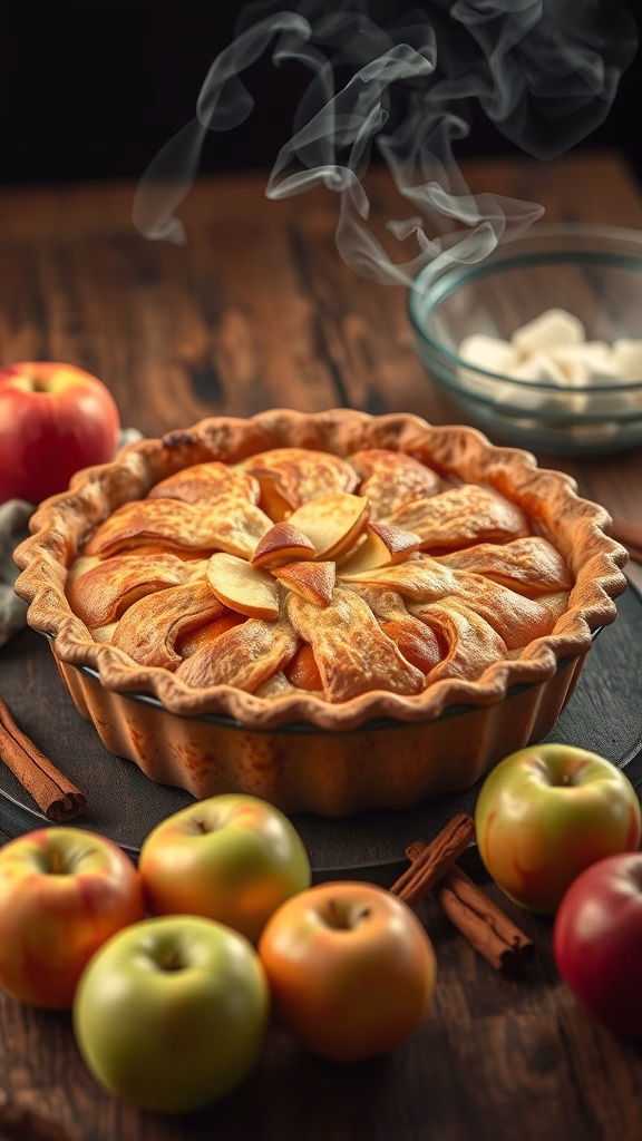 Classic deep-dish apple pie surrounded by fresh apples and cinnamon sticks.