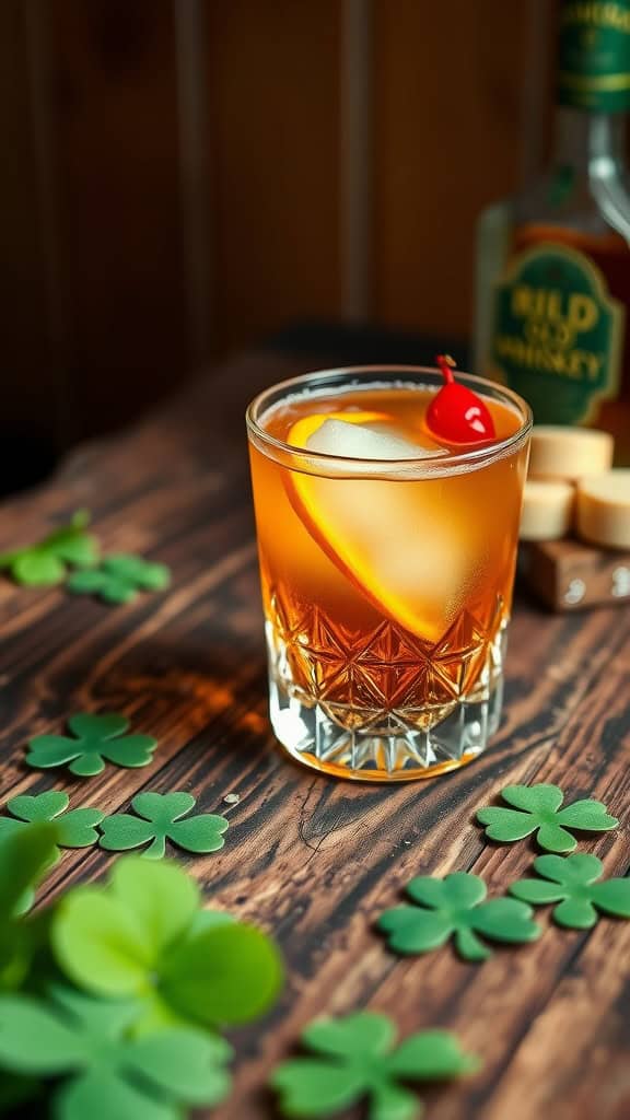A refreshing Classic Irish Old Fashioned cocktail garnished with orange and cherry.