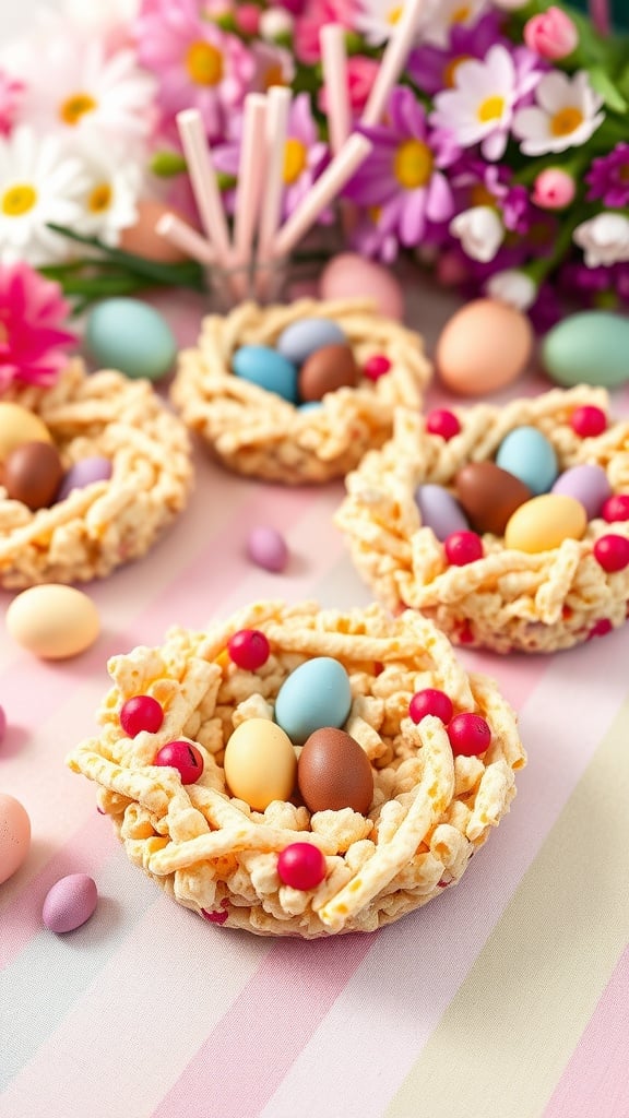 Colorful Rice Krispie Easter nests filled with chocolate eggs.