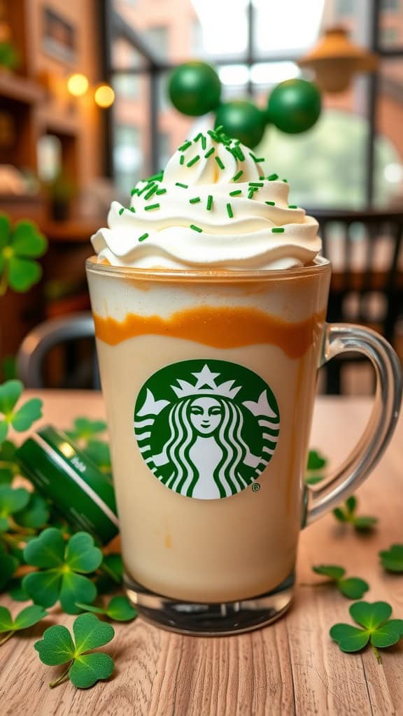 Clover Caramel Macchiato topped with whipped cream and green sprinkles.