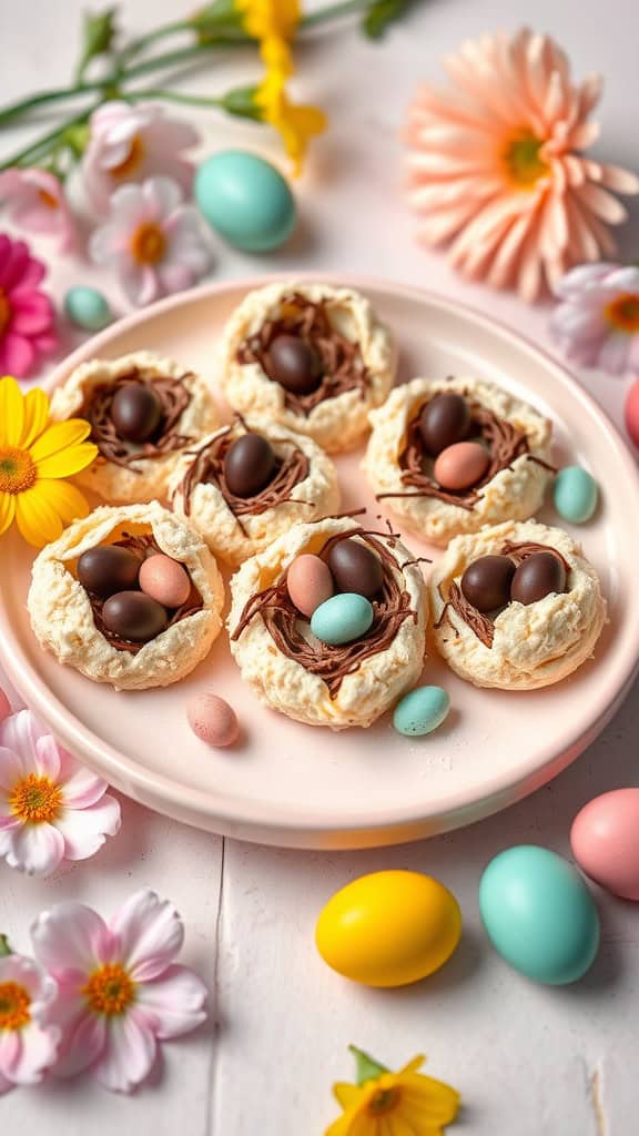Coconut macaroon Easter nests decorated with dark chocolate and colorful eggs