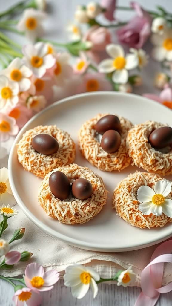 Delicious coconut nest cookies topped with dark chocolate eggs, decorated with flowers.