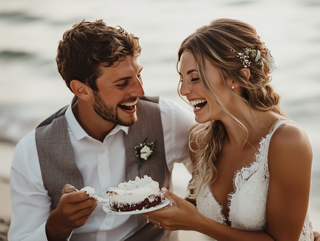 bride and groom eating birthday cake