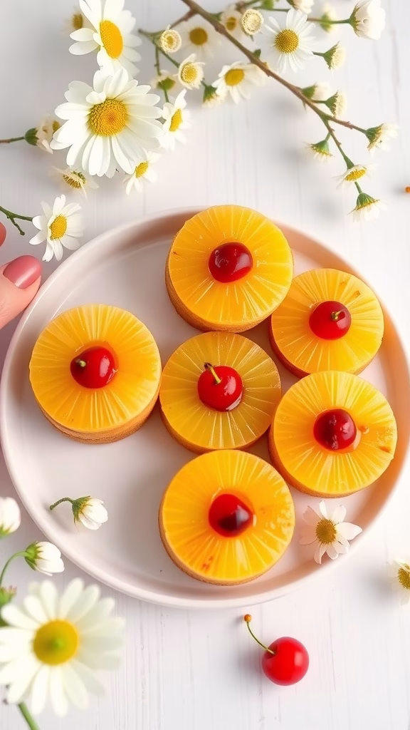 Dairy-free pineapple upside-down mini cakes garnished with maraschino cherries.