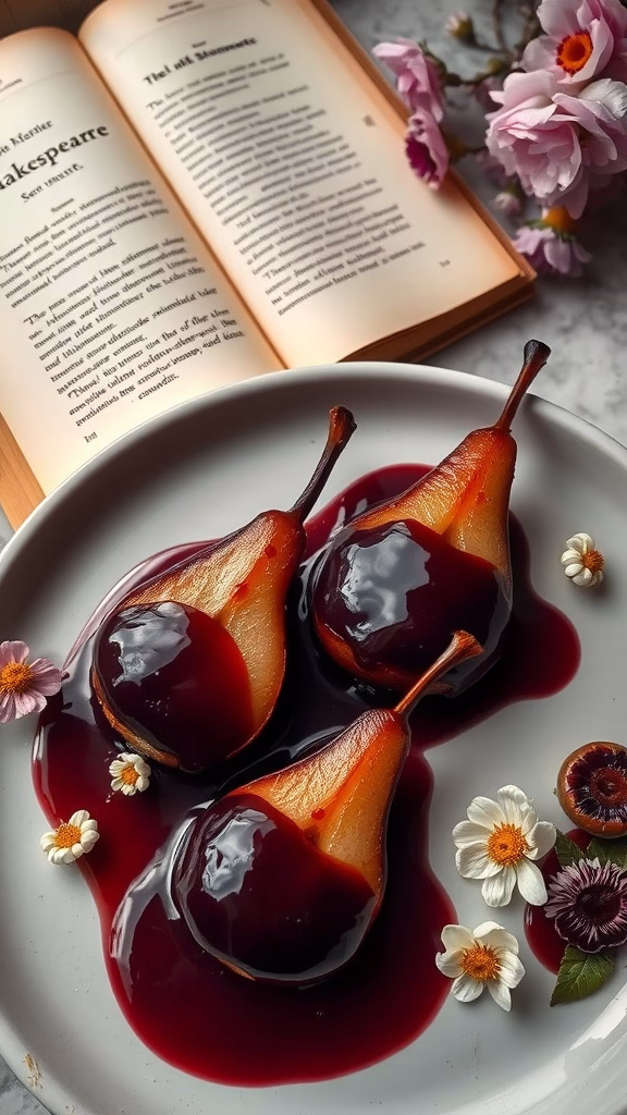 Plate of dark cherry and wine poached pears with flowers and an open book in the background.