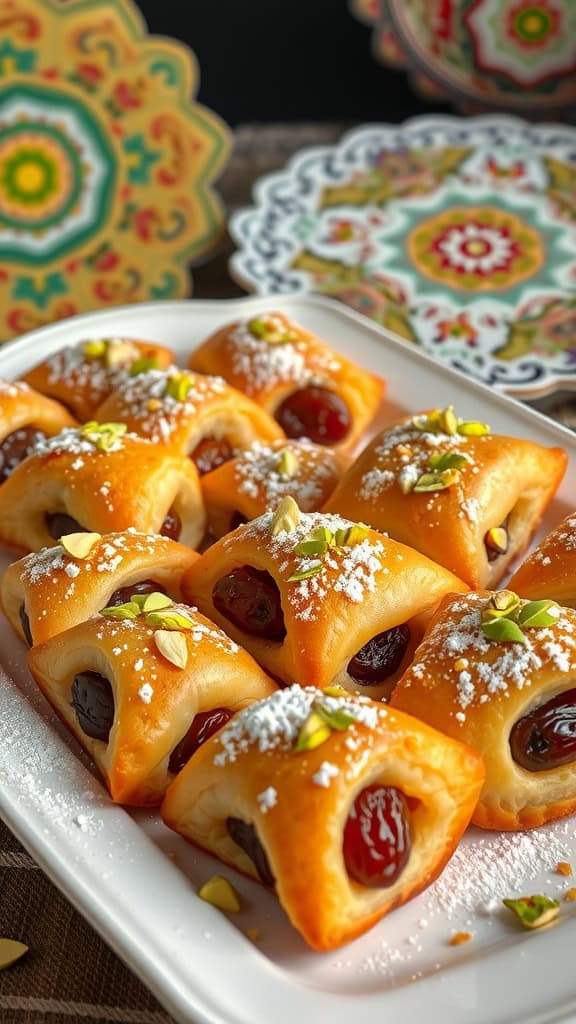 Plate of golden pastries filled with dates and walnuts, garnished with powdered sugar and pistachios.