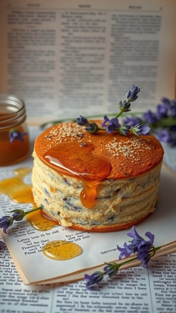 A lavender honey tea cake with honey drizzle and lavender flowers.