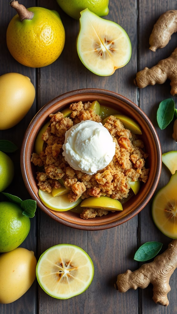A delicious feijoa and ginger crumble with a scoop of ice cream.