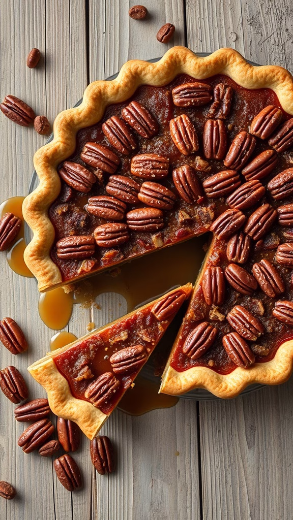 A delicious gluten-free maple pecan pie topped with pecans.