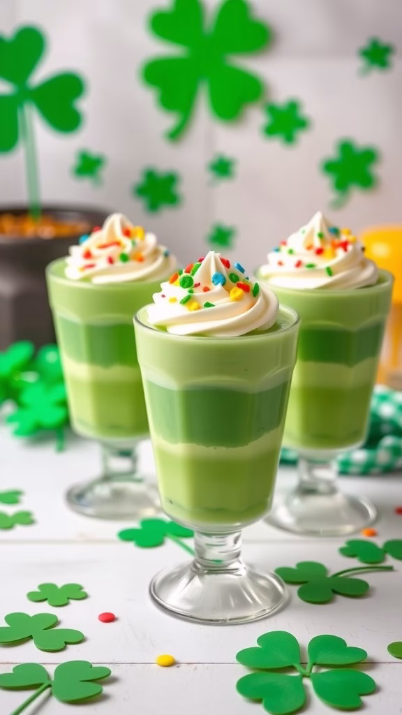 Green Vanilla Pudding Parfaits with whipped cream and colorful sprinkles