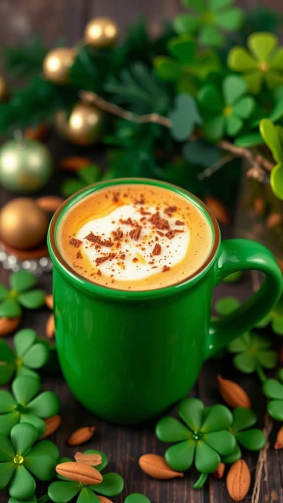 A green mug filled with creamy coffee topped with foam and sprinkled with cocoa.