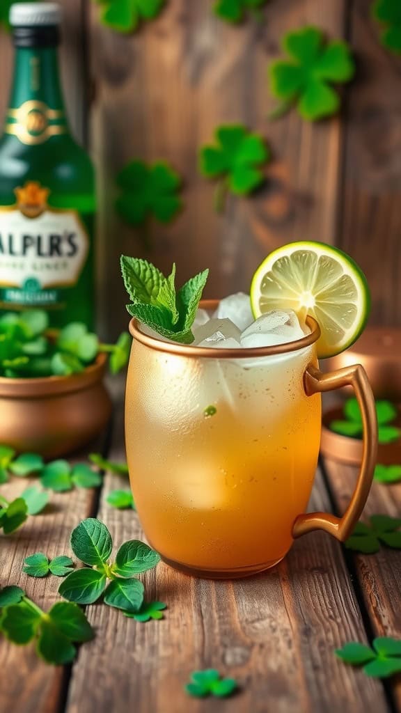 A refreshing Honey Ginger Irish Mule cocktail garnished with mint leaves and lime.