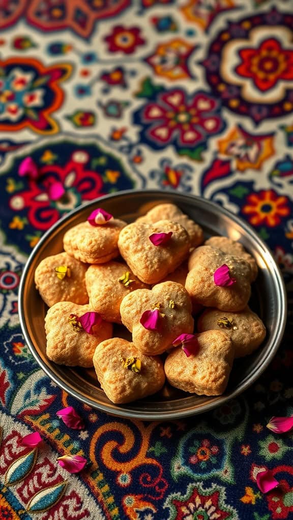 Honeyed Persian Love Cookies on a decorative plate with edible rose petals.