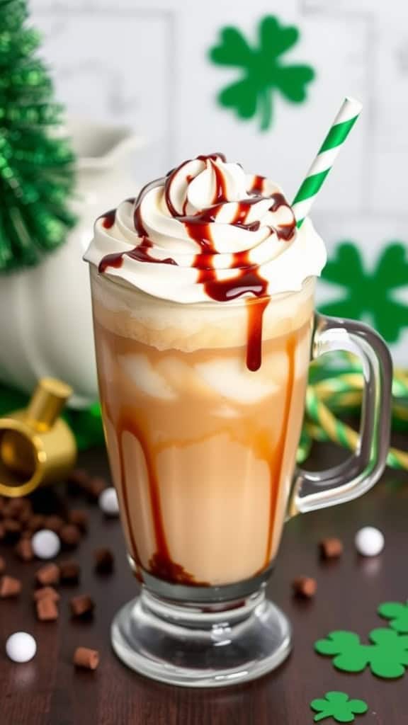 Iced Irish Cream Coffee Float with whipped cream and chocolate syrup.