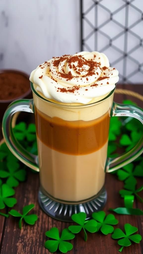 A delicious Irish Coffee with whipped cream and cocoa on top.