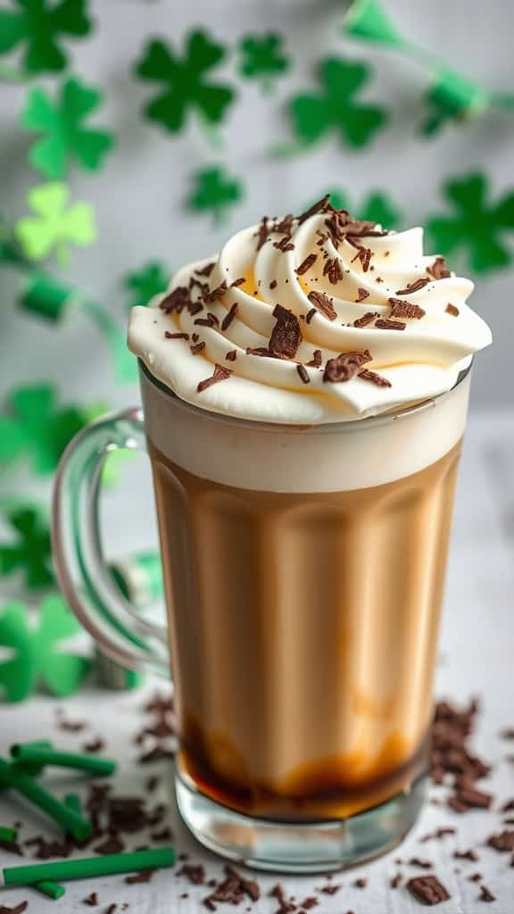 A delicious Irish Cream Cold Brew topped with whipped cream and chocolate shavings.