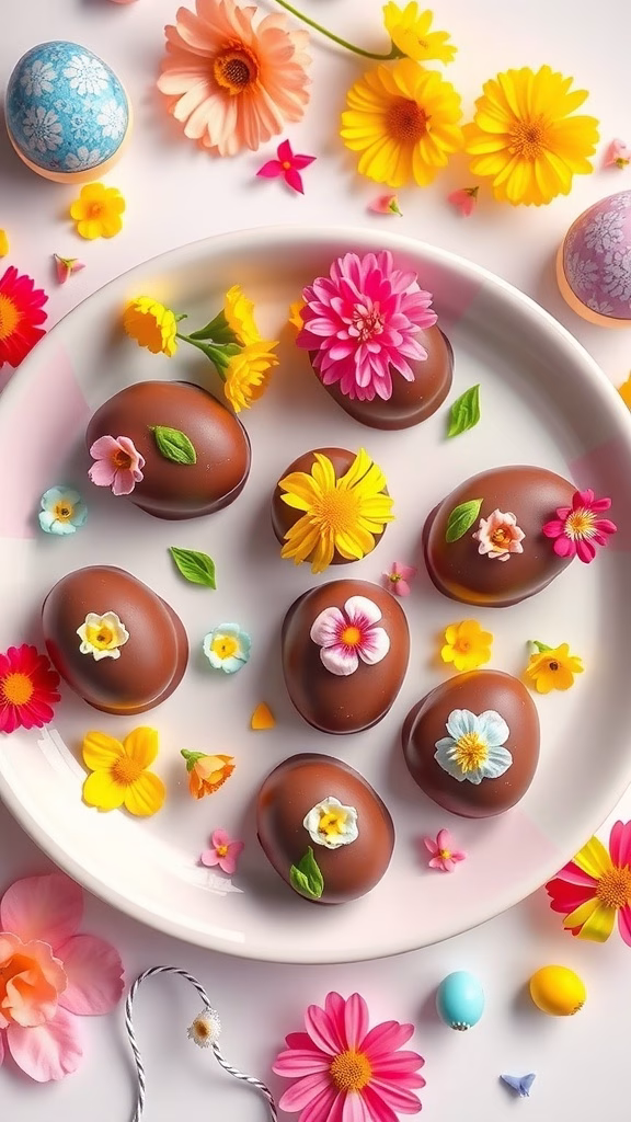 Keto chocolate Easter egg fat bombs decorated with colorful flowers