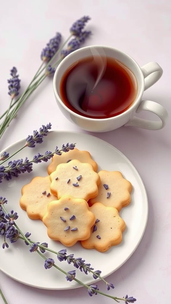 Lavender shortbread cookies on a plate next to a cup of Earl Grey lavender tea, with lavender sprigs