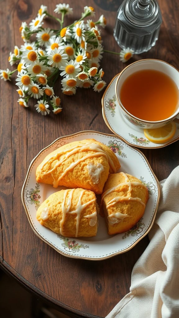 Lemon honey scones on a plate with a cup of chamomile tea