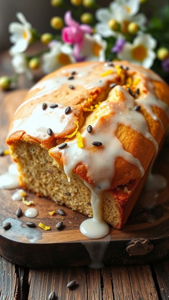 A delicious lemon poppy seed loaf drizzled with glaze, perfect for Easter.