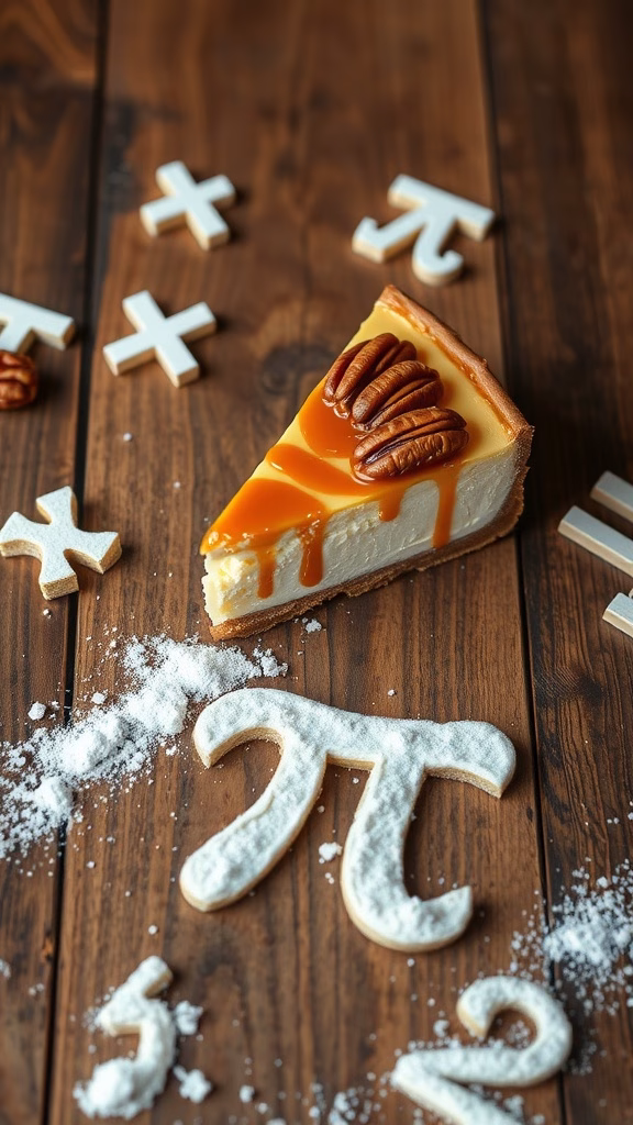 Maple Pecan Pie Cheesecake slice with pecans and caramel drizzle
