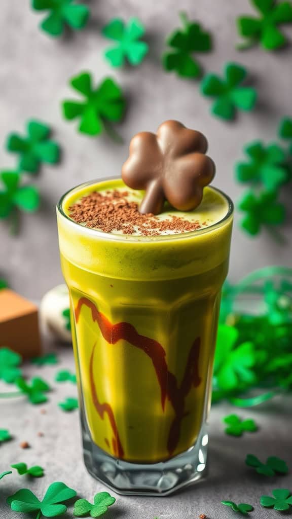 A vibrant green matcha espresso fusion drink topped with chocolate shamrock decor.