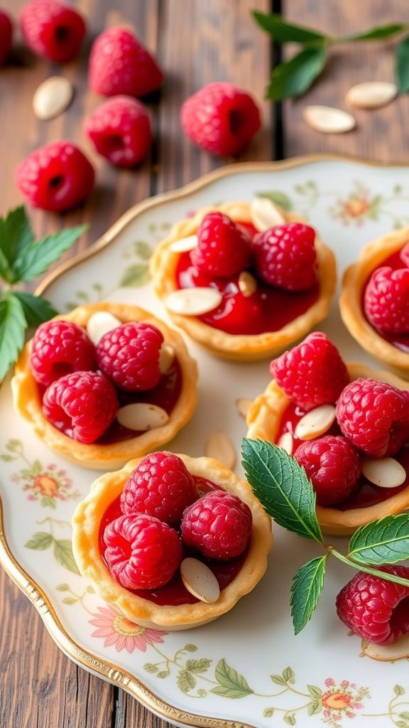 Mini raspberry almond tarts on a decorative plate, topped with fresh raspberries and sliced almonds.