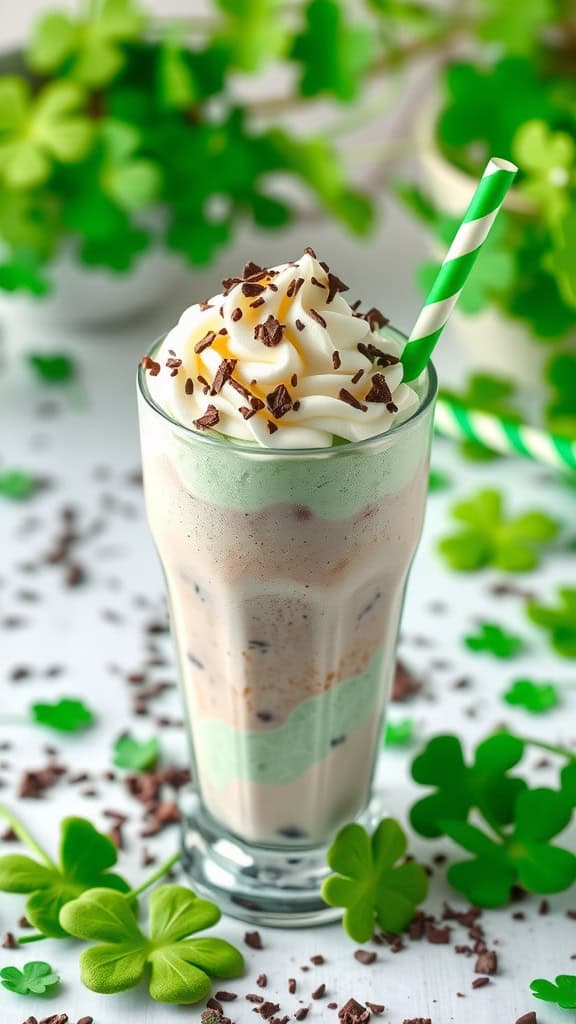 A refreshing mint chocolate chip frappé topped with whipped cream and chocolate shavings, surrounded by shamrocks.