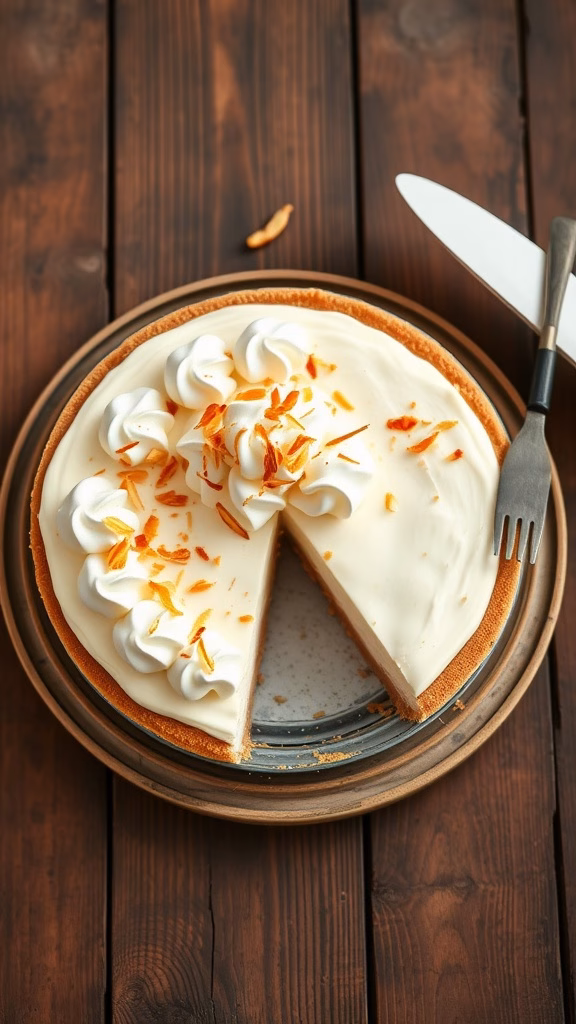 No-bake coconut cream pie topped with whipped cream and toasted coconut flakes.