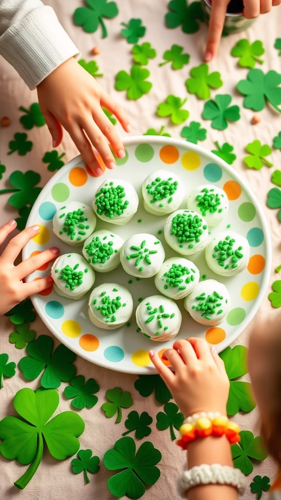 A plate of no-bake mint Oreo truffles decorated with green sprinkles, perfect for St. Patrick's Day.