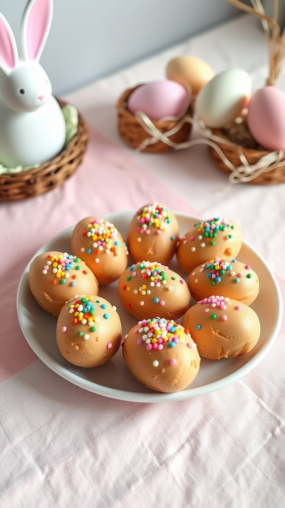 A plate of colorful, no-bake peanut butter Easter eggs topped with sprinkles.
