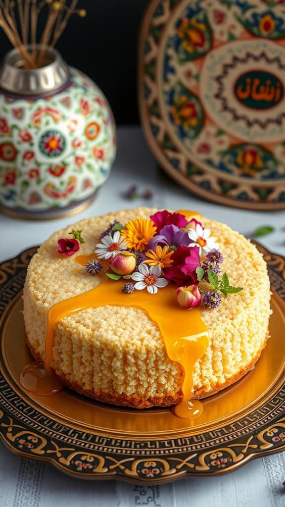 A beautifully presented Orange Blossom Semolina Cake on an ornate plate.