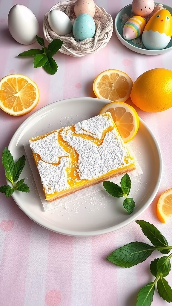 Paleo lemon bars with almond flour crust served on a plate with lemon slices and mint leaves