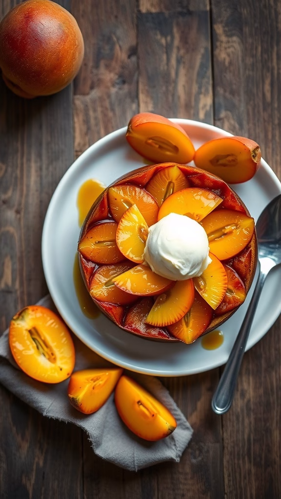 A delicious pawpaw upside-down cake garnished with fresh pawpaw slices and served on a plate.