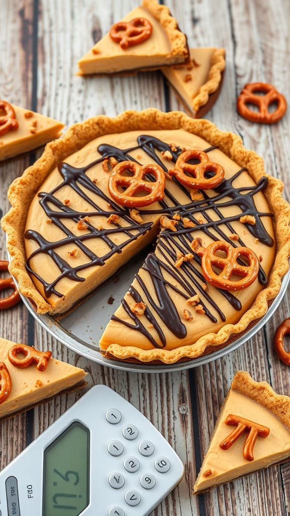 Peanut Butter Pretzel Pie with chocolate drizzle and pretzel toppings