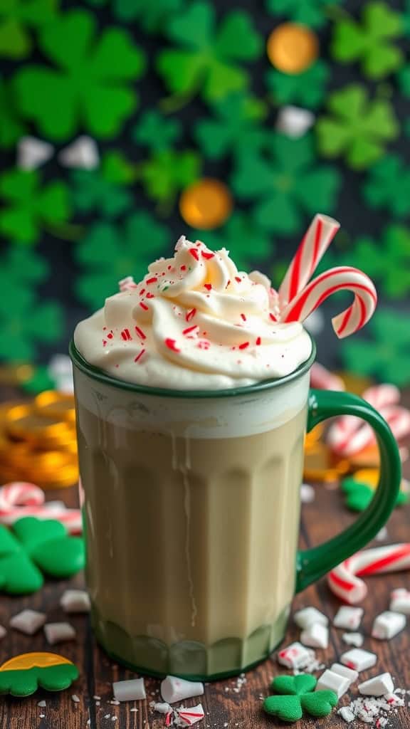 A festive Peppermint White Mocha topped with whipped cream and crushed peppermint candies, garnished with a candy cane.