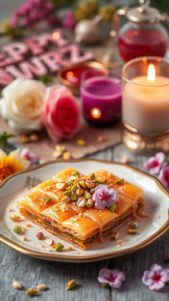 A plate of Persian Baklava topped with nuts and flowers, symbolizing traditional Naw-Ruz celebrations.
